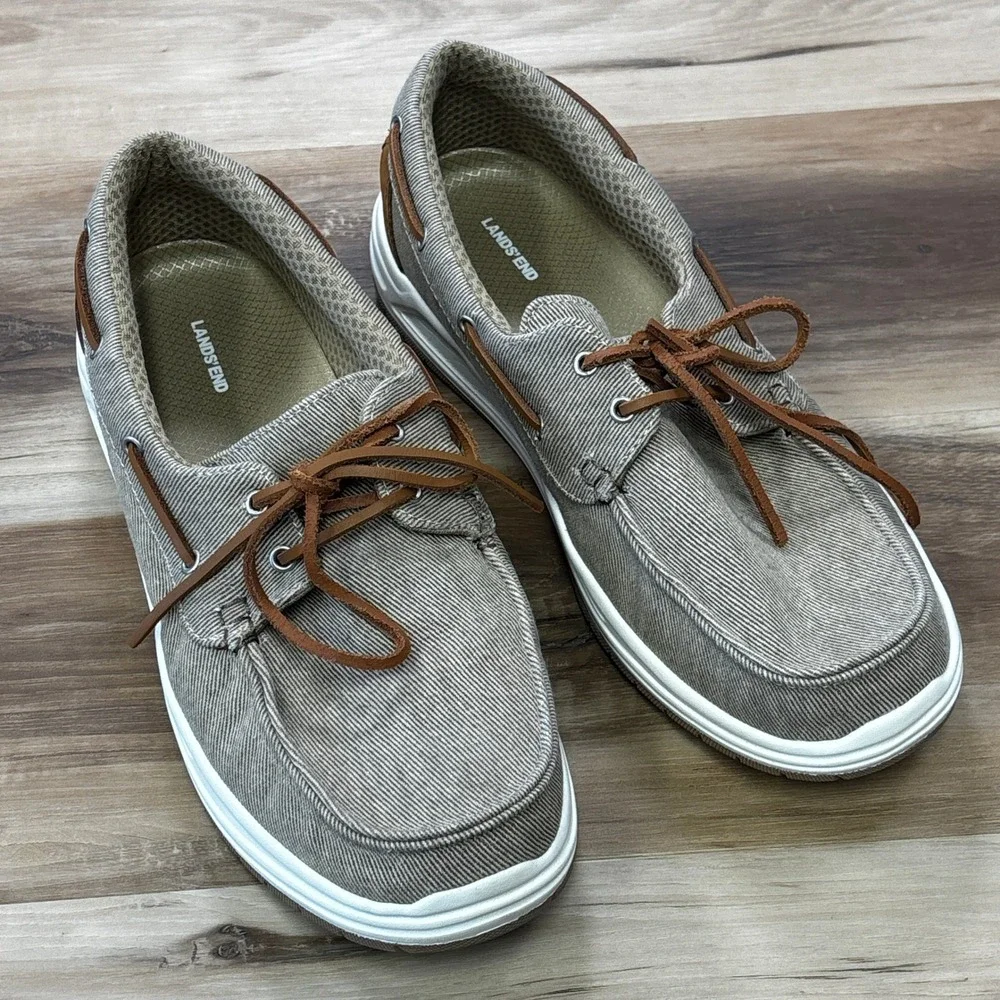 Lands End Boat Shoes Size 12D Canvas Deck Shoes Twill Casual Khaki Tan